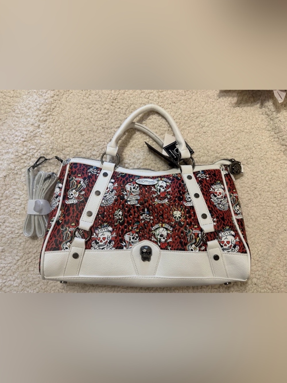 Ed Hardy White and Red Skull-Print Shoulder Bag Y2K 90s Style